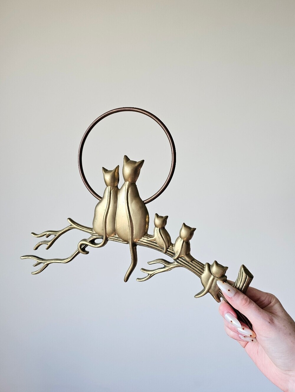 Mid century Cat family hanging on tree branch moonlight brass hanging vintage
